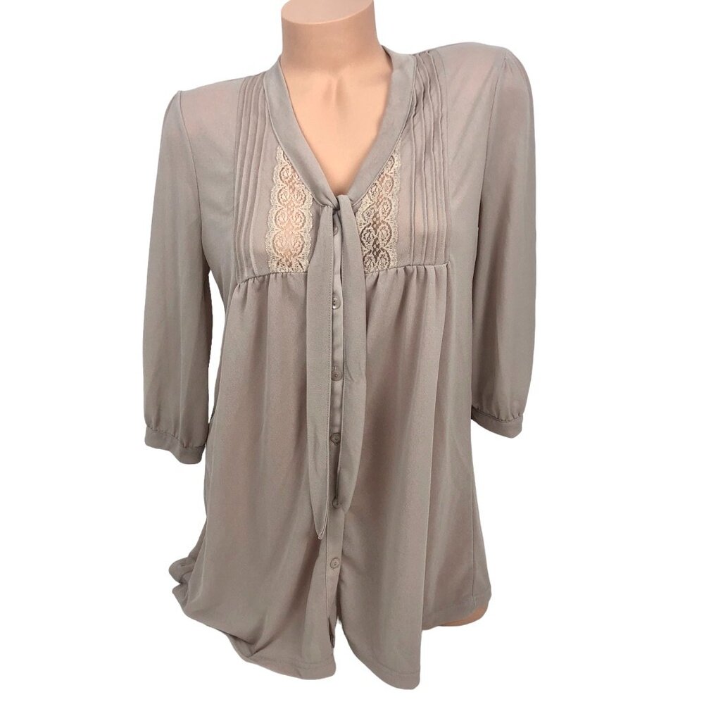 Susina Button Up Lace Tie Neck V-Neck Top Blouse Sheer 3/4 Sleeve Cottagecore  L
